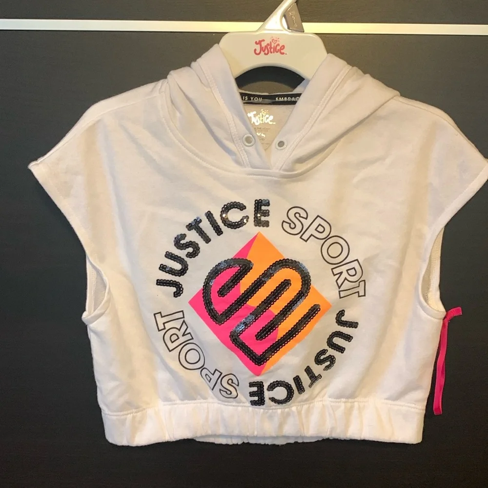 Justice Sport Girls White Short Sleeve Pullover Graphic Hoodie - NWOT